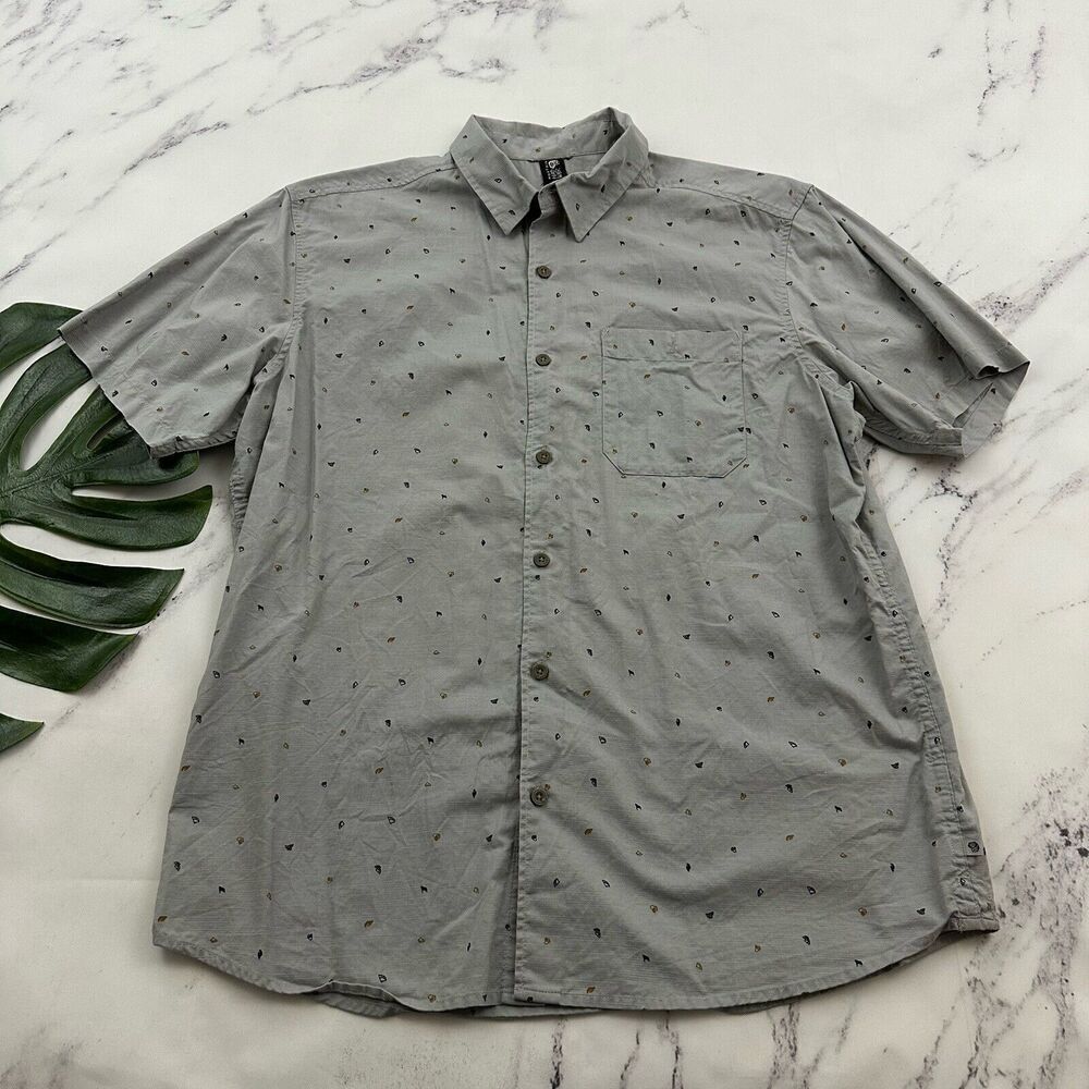 Mountain Hardwear Mens Button Up Shirt Size L Gray Nature Print Short Sleeve